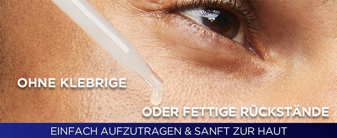 Ein Mann trägt ein Serum mit einer Pipette auf seine Augenpartie auf - mit Text zu Produktvorteil